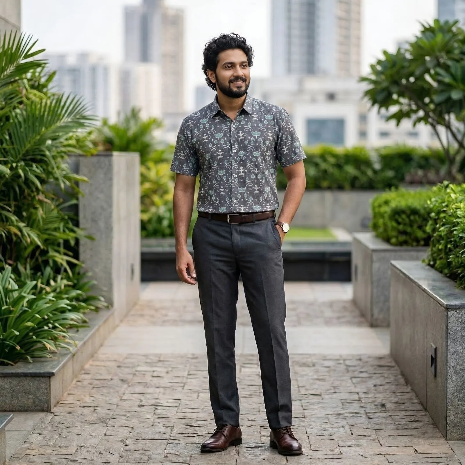 Handwoven Sambalpuri Cotton Men's Half Sleeve Shirt | Grey Colour with Floral Design