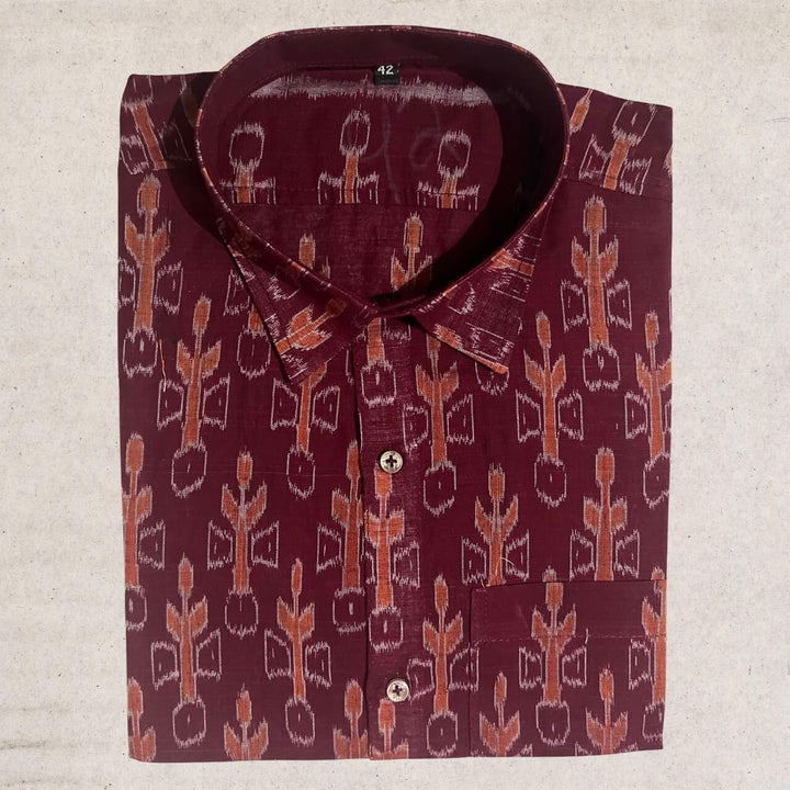 Handwoven Sambalpuri Cotton Men's Half Sleeve Shirt | Deep Maroon Colour with Ikat Design - 42" - Taalapatra