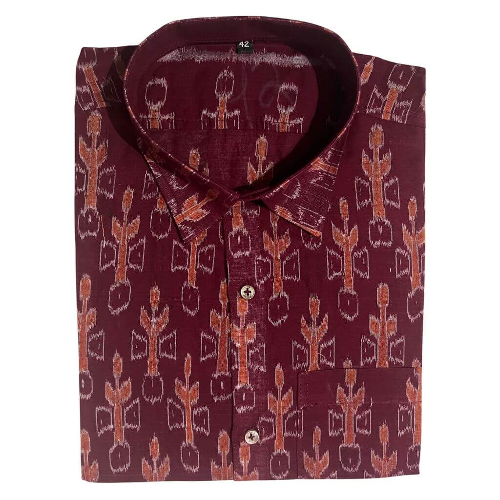 Handwoven Sambalpuri Cotton Men's Half Sleeve Shirt | Deep Maroon Colour with Ikat Design - 42" - Taalapatra Vibes
