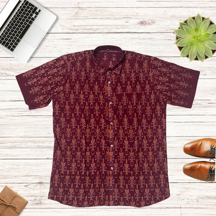 Handwoven Sambalpuri Cotton Men's Half Sleeve Shirt | Deep Maroon Colour with Ikat Design - 42" - Taalapatra