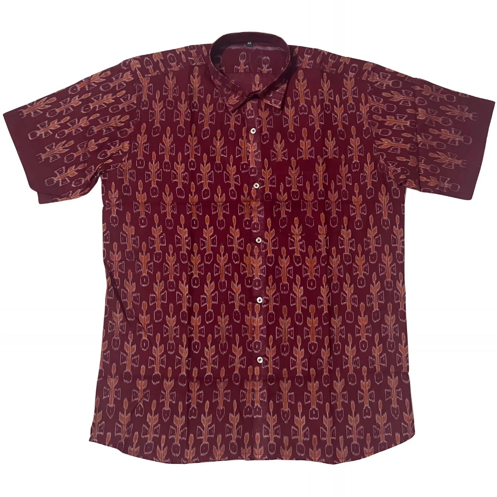 Handwoven Sambalpuri Cotton Men's Half Sleeve Shirt | Deep Maroon Colour with Ikat Design