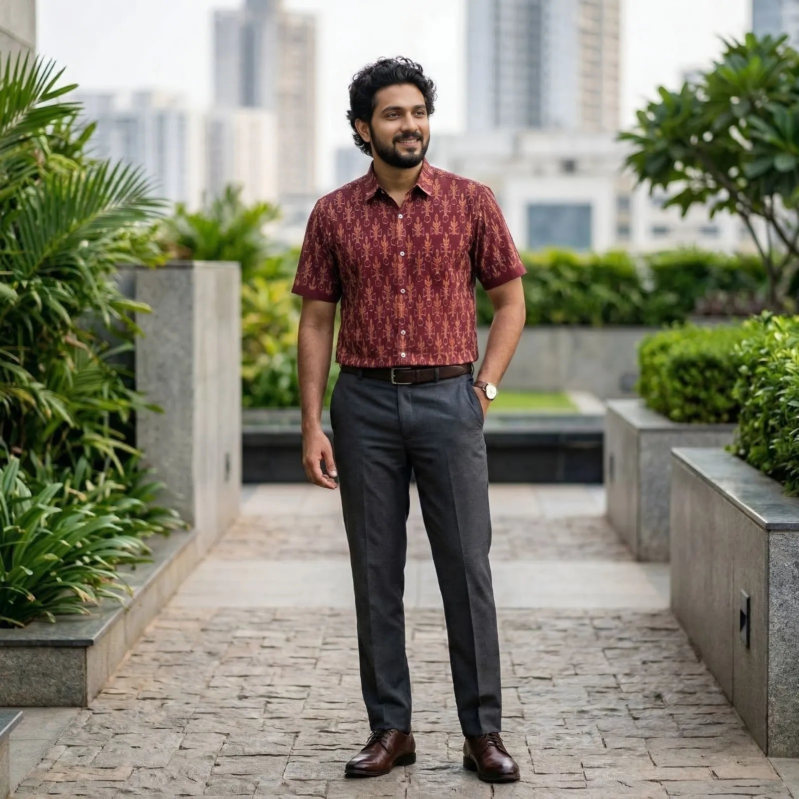 Handwoven Sambalpuri Cotton Men's Half Sleeve Shirt | Deep Maroon Colour with Ikat Design