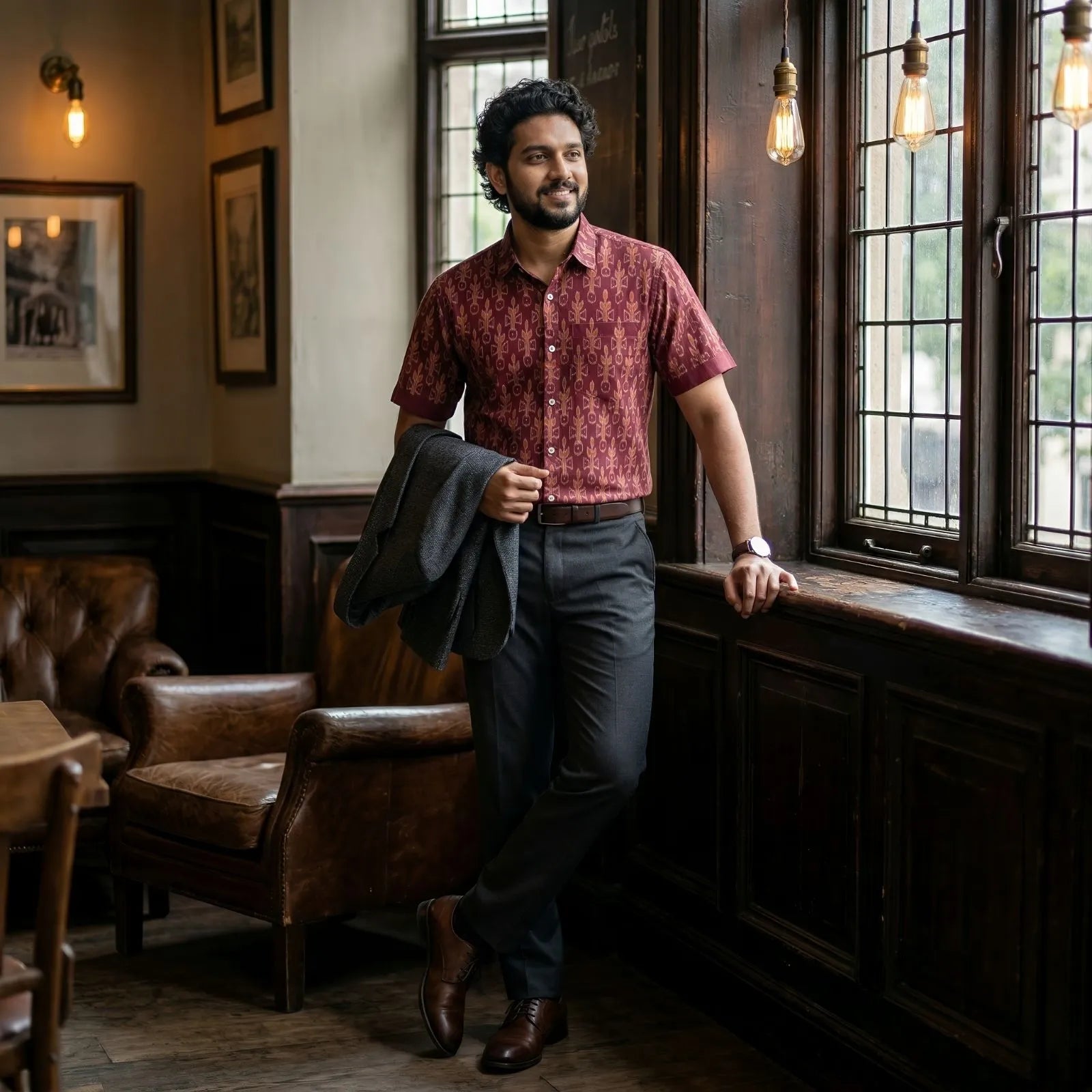 Handwoven Sambalpuri Cotton Men's Half Sleeve Shirt | Deep Maroon Colour with Ikat Design
