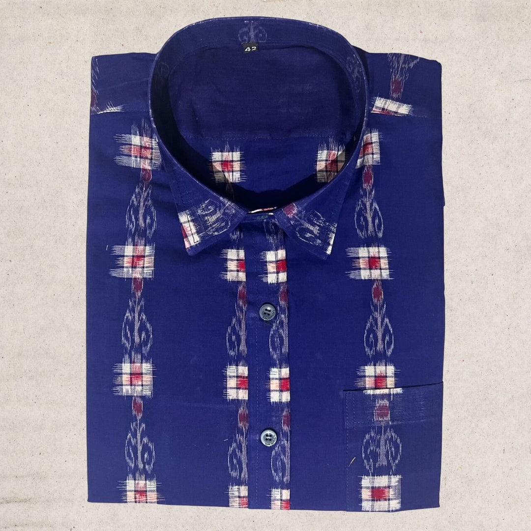 Handwoven Sambalpuri Cotton Men's Half Sleeve Shirt | Deep Royal Blue Colour with Pasapalli Design - 42" - Taalapatra