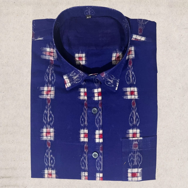 Handwoven Sambalpuri Cotton Men's Half Sleeve Shirt | Deep Royal Blue Colour with Pasapalli Design - 42" - Taalapatra