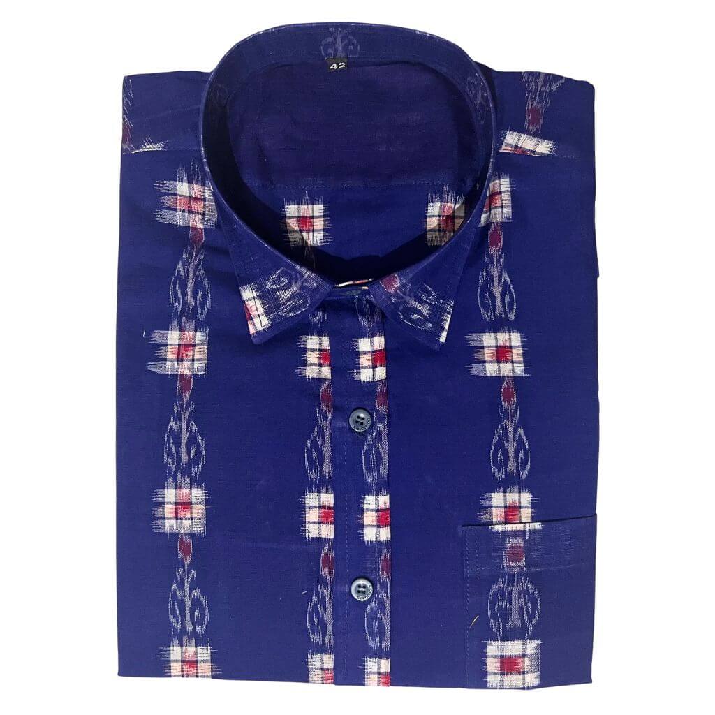 Handwoven Sambalpuri Cotton Men's Half Sleeve Shirt | Deep Royal Blue Colour with Pasapalli Design - 42" - Taalapatra