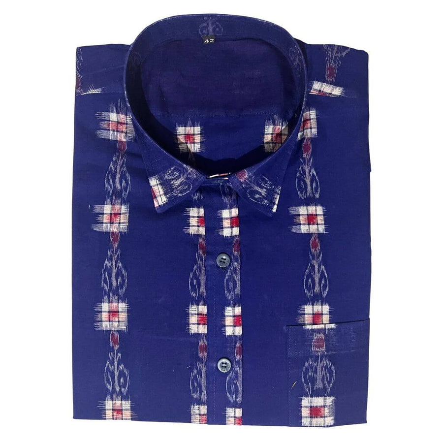 Handwoven Sambalpuri Cotton Men's Half Sleeve Shirt | Deep Royal Blue Colour with Pasapalli Design - 42" - Taalapatra