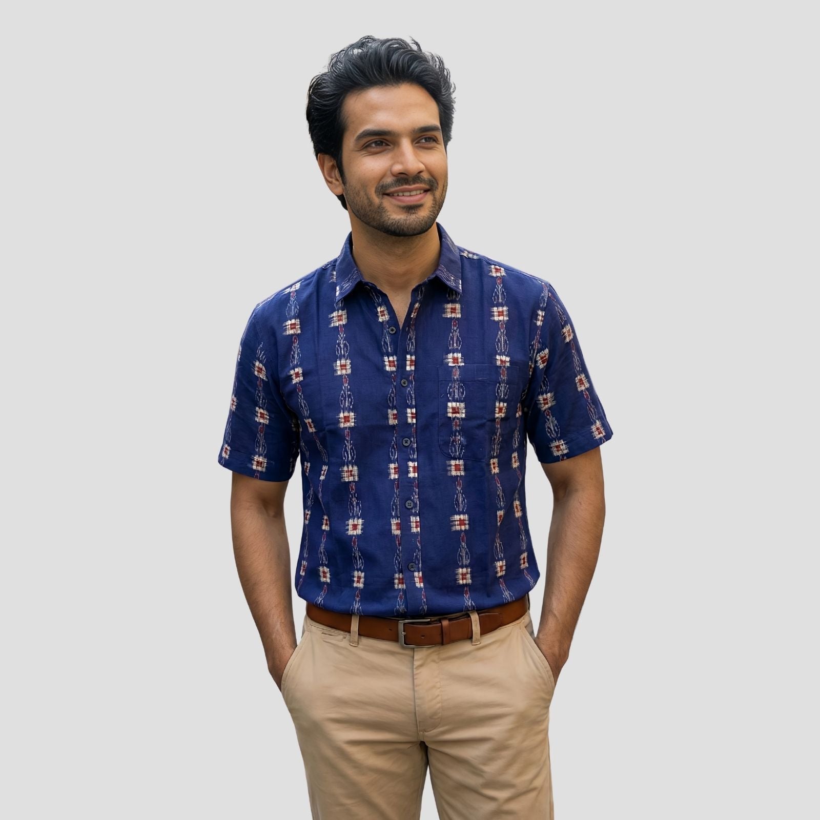 Handwoven Sambalpuri Cotton Men's Half Sleeve Shirt | Deep Royal Blue Colour 