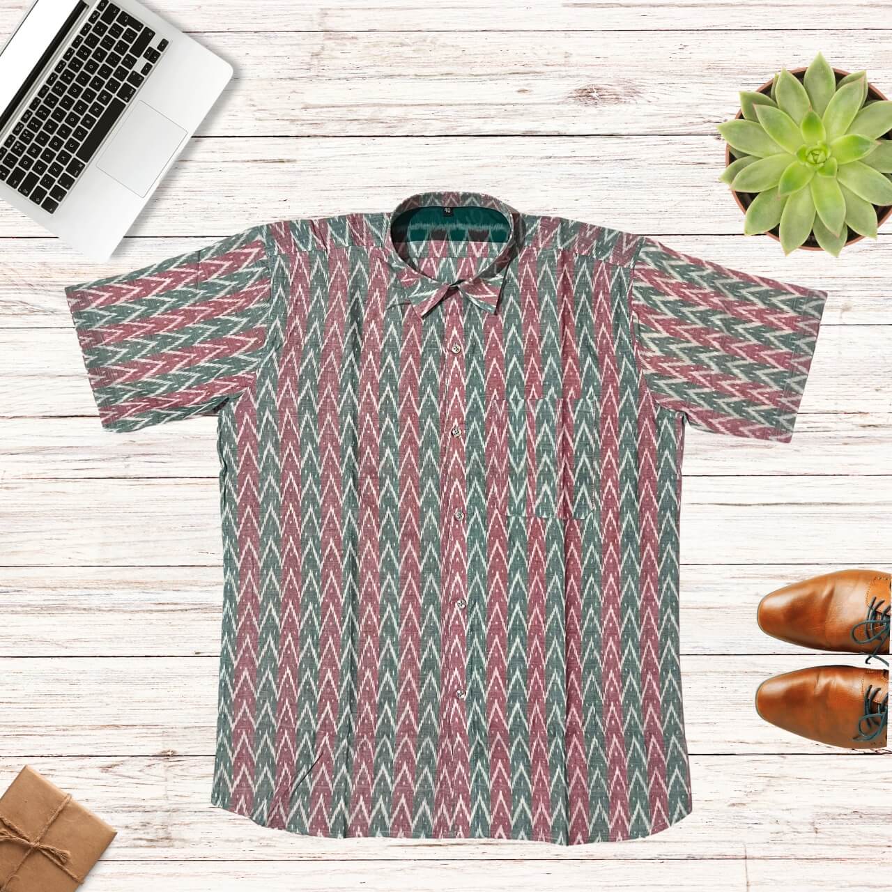 Handwoven Sambalpuri Cotton Men's Half Sleeve Shirt | Deep Emerald Green and Peach Colour with Ikat Design - 40" - Taalapatra Vibes
