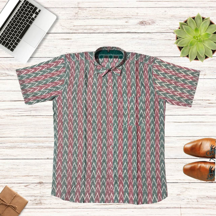 Handwoven Sambalpuri Cotton Men's Half Sleeve Shirt | Deep Emerald Green and Peach Colour with Ikat Design - 40" - Taalapatra