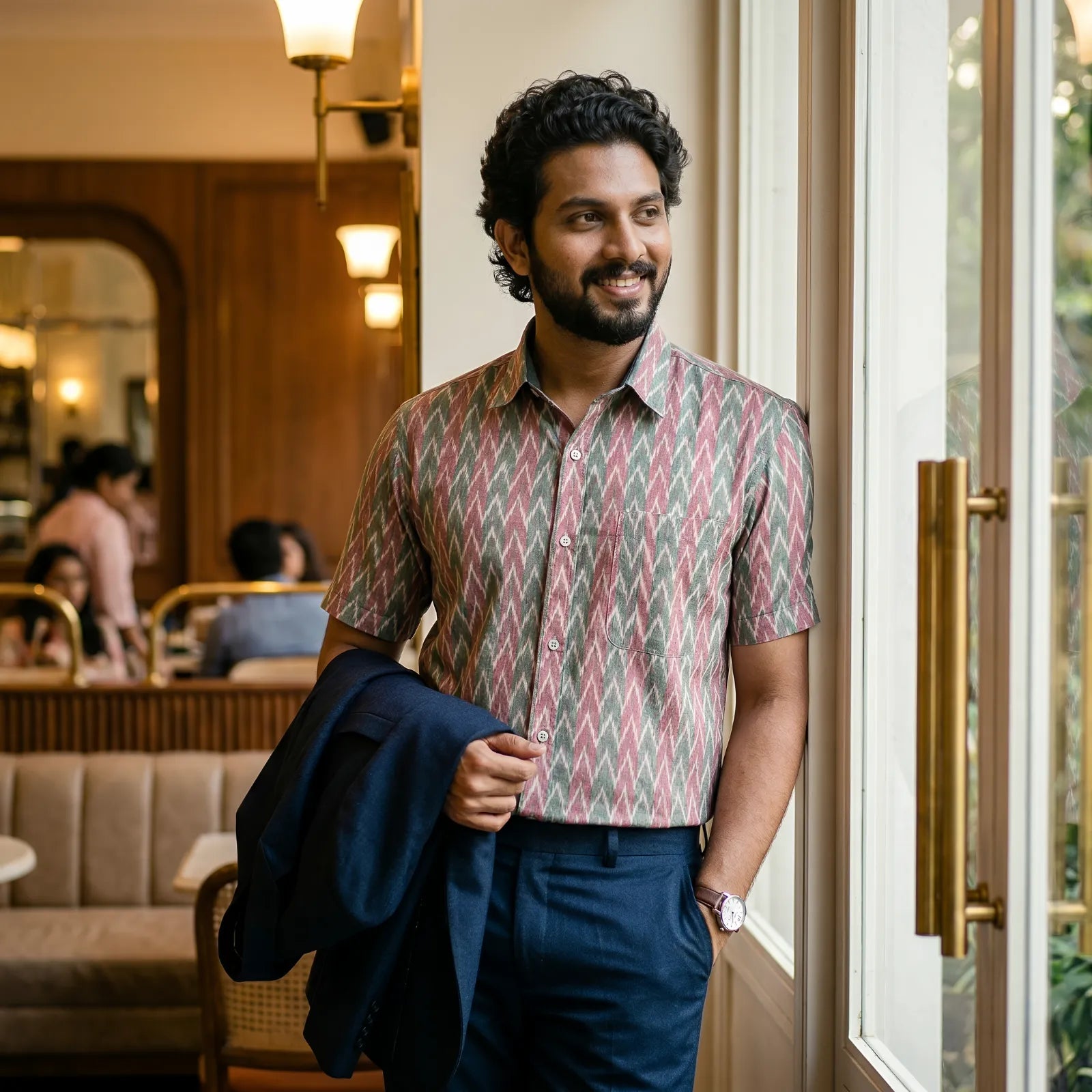 Handwoven Sambalpuri Cotton Men's Half Sleeve Shirt | Deep Emerald Green and Peach Colour with Ikat Design
