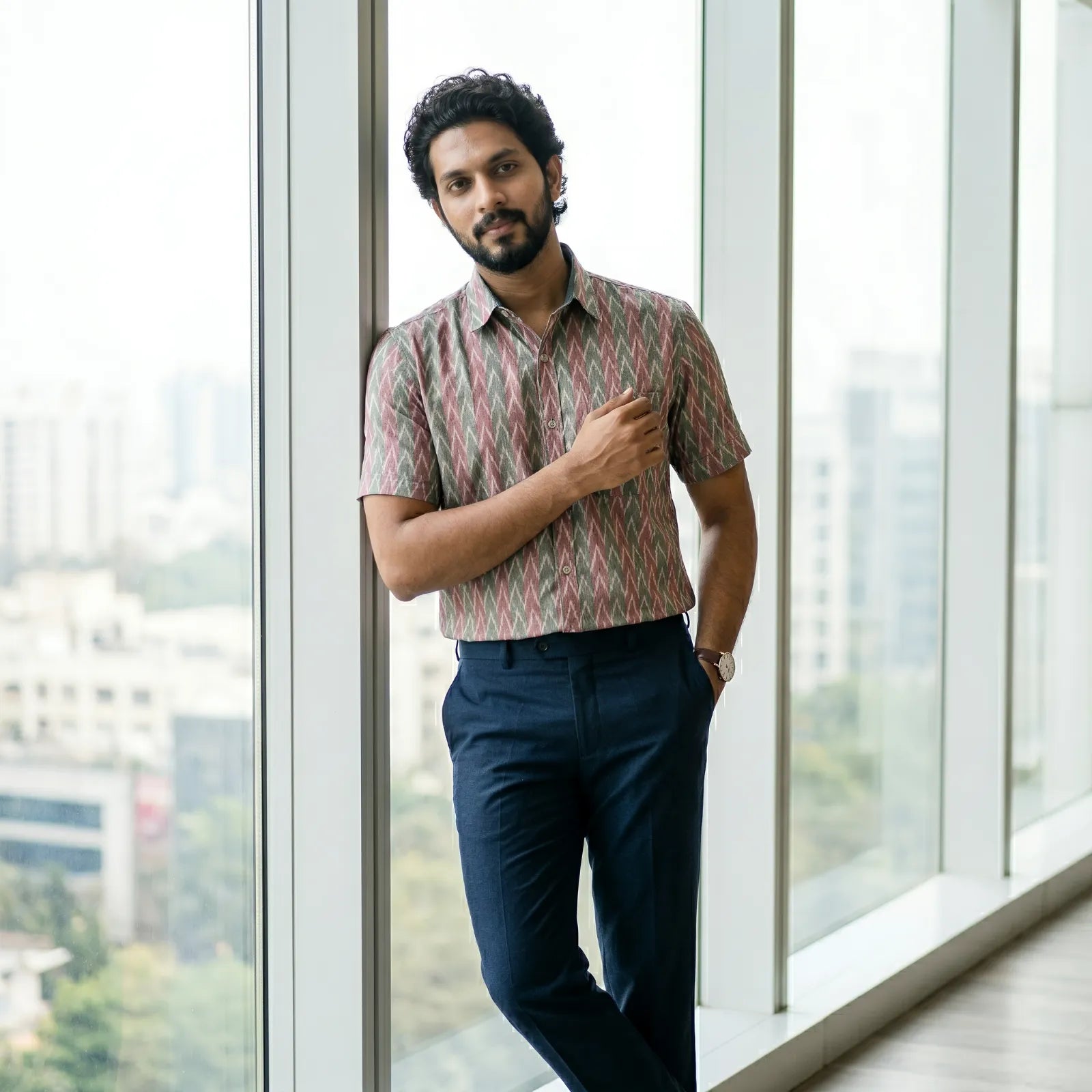 Handwoven Sambalpuri Cotton Men's Half Sleeve Shirt | Deep Emerald Green and Peach Colour with Ikat Design