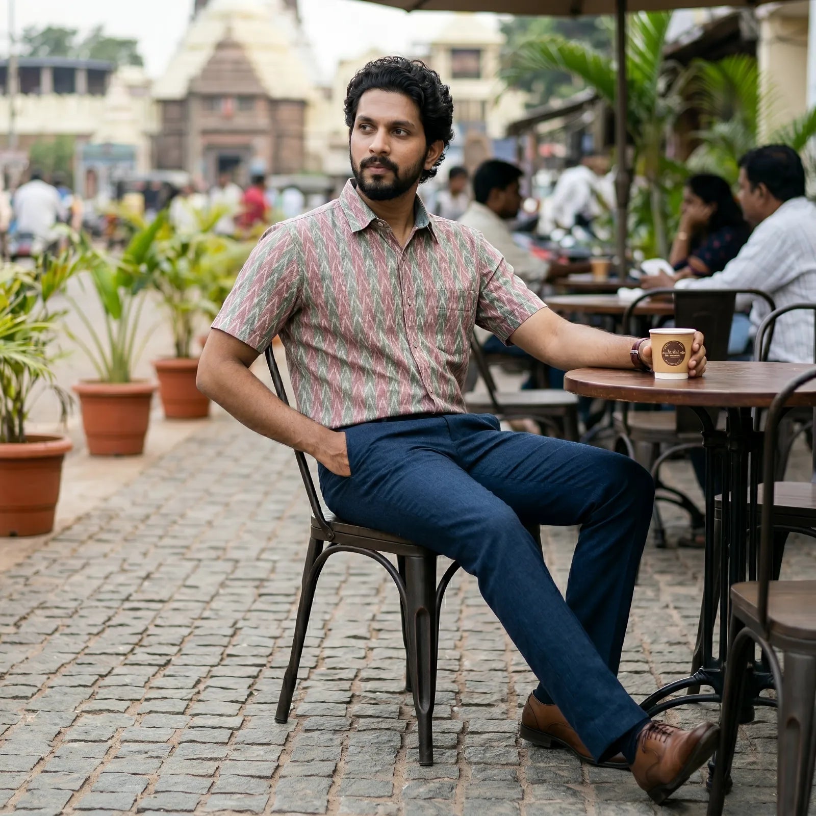 Handwoven Sambalpuri Cotton Men's Half Sleeve Shirt | Deep Emerald Green and Peach Colour with Ikat Design