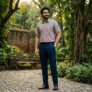 Handwoven Sambalpuri Cotton Men's Half Sleeve Shirt | Deep Emerald Green and Peach Colour with Ikat Design