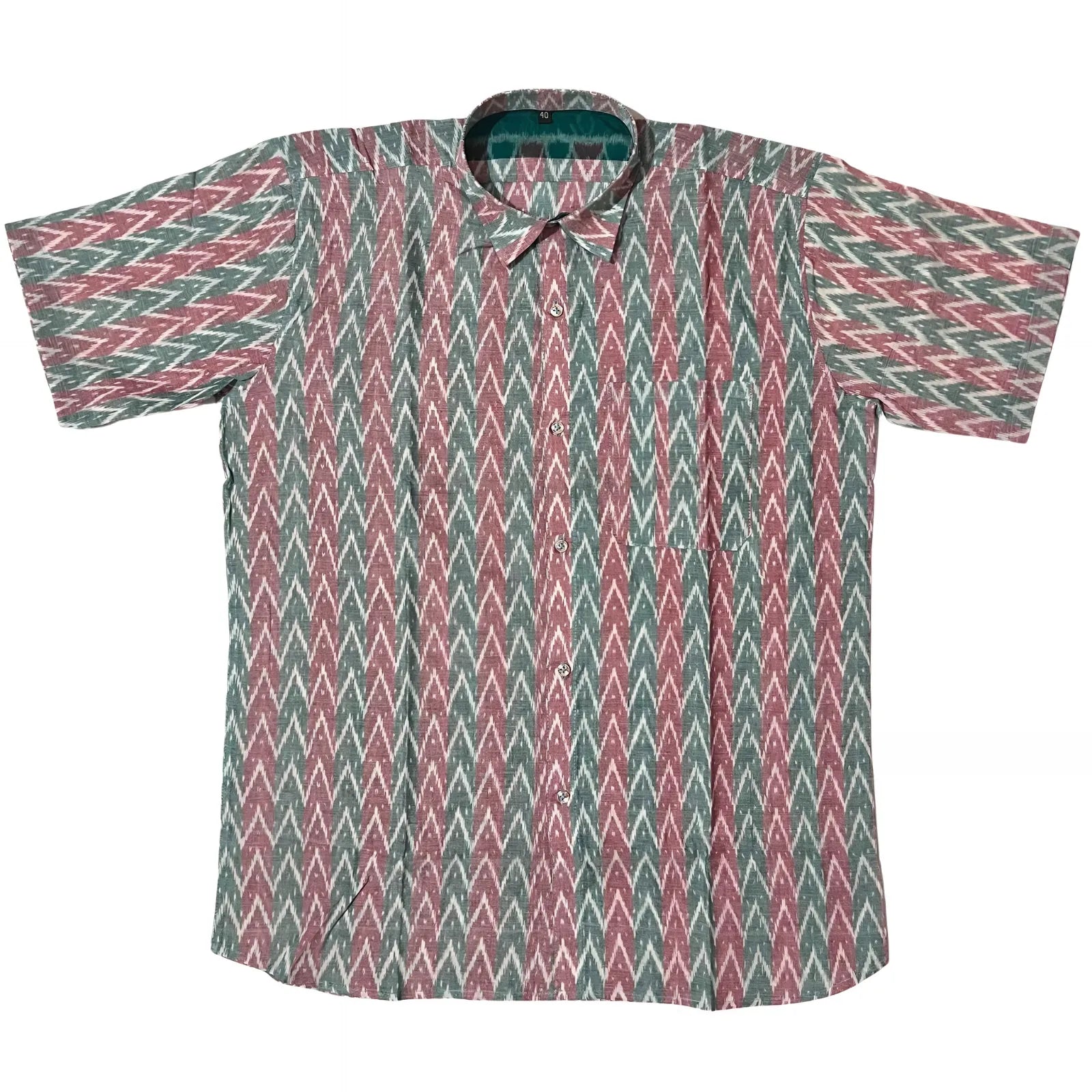 Handwoven Sambalpuri Cotton Men's Half Sleeve Shirt | Deep Emerald Green and Peach Colour with Ikat Design