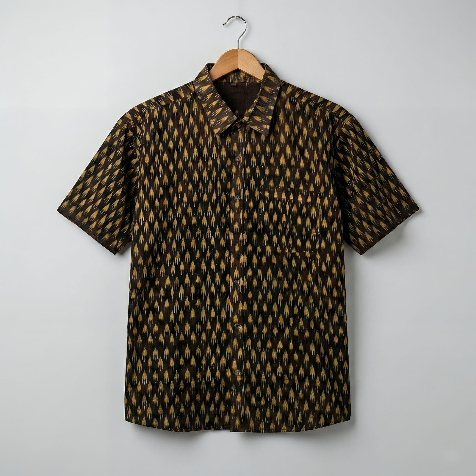 Handwoven Sambalpuri Cotton Men's Half Sleeve Shirt | Deep Coffee Colour with Light Olive Green Ikat Design