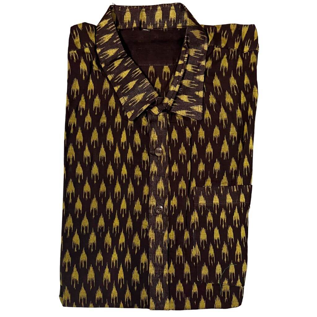Handwoven Sambalpuri Cotton Men's Half Sleeve Shirt | Deep Coffee Colour with Light Olive Green Ikat Design - 42" - Taalapatra