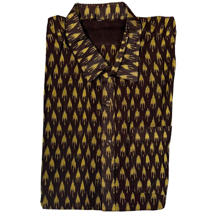 Handwoven Sambalpuri Cotton Men's Half Sleeve Shirt | Deep Coffee Colour with Light Olive Green Ikat Design - 42" - Taalapatra