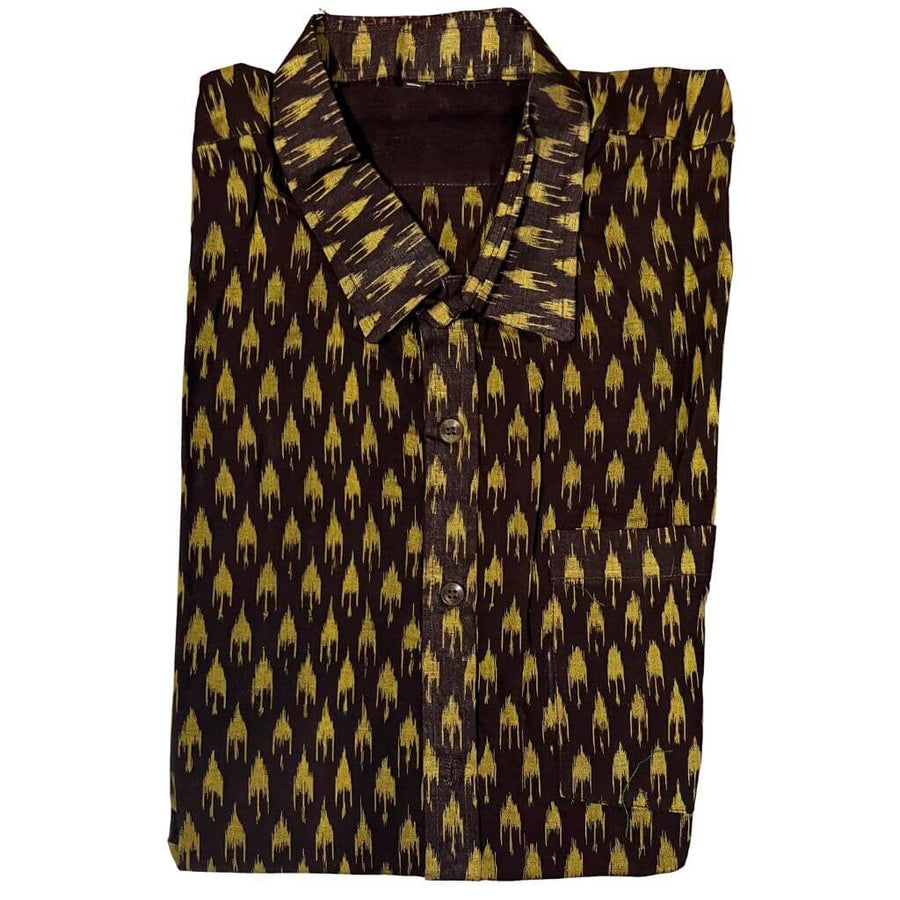 Handwoven Sambalpuri Cotton Men's Half Sleeve Shirt | Deep Coffee Colour with Light Olive Green Ikat Design - 42" - Taalapatra