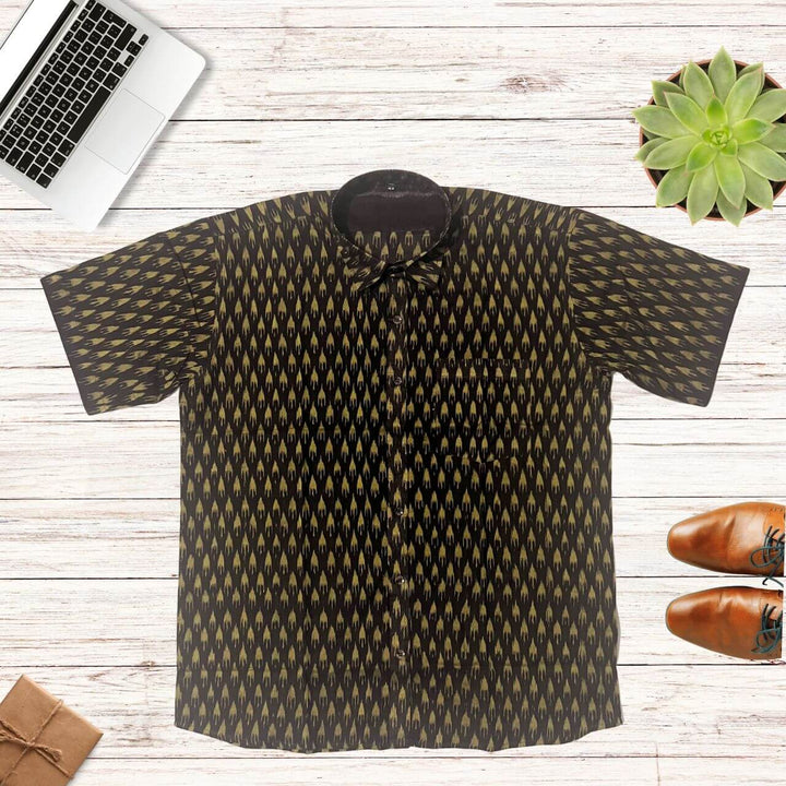 Handwoven Sambalpuri Cotton Men's Half Sleeve Shirt | Deep Coffee Colour with Light Olive Green Ikat Design - 42" - Taalapatra