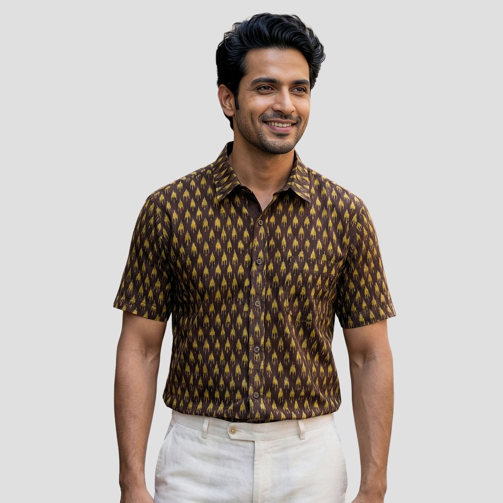 Handwoven Sambalpuri Cotton Men's Half Sleeve Shirt | Deep Coffee Colour with Light Olive Green Ikat Design