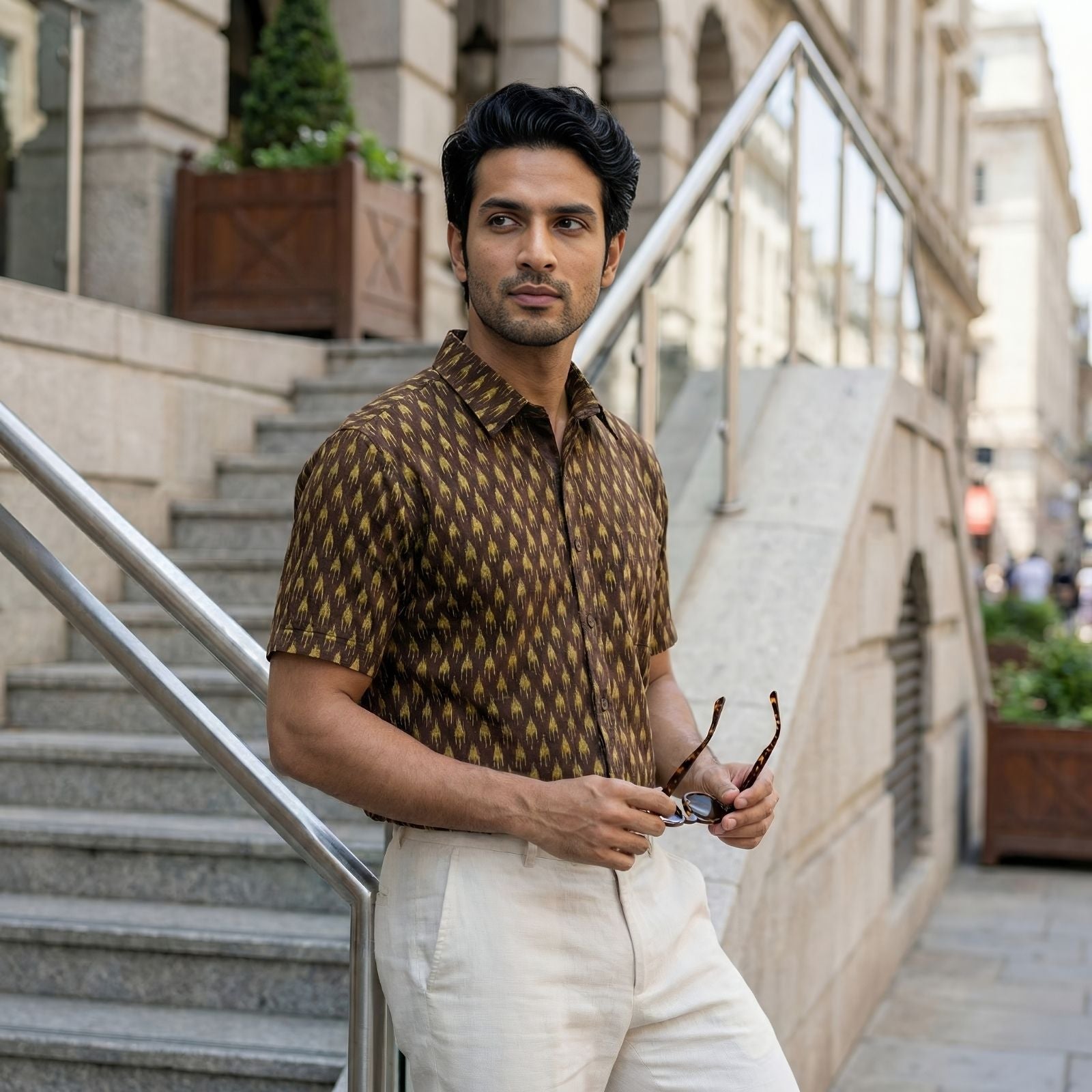 Handwoven Sambalpuri Cotton Men's Half Sleeve Shirt | Deep Coffee Colour with Light Olive Green Ikat Design