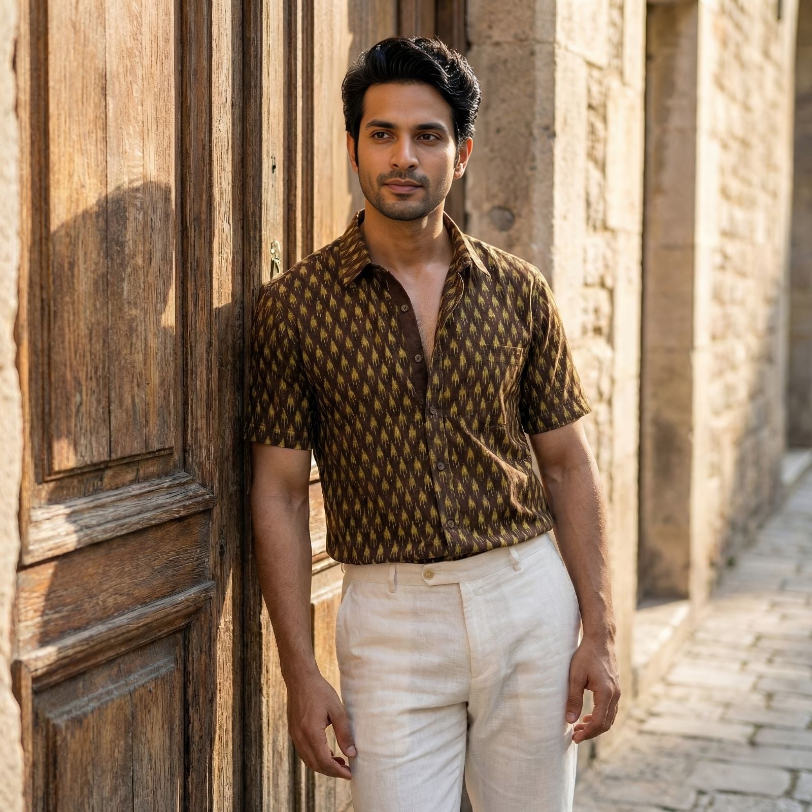 Handwoven Sambalpuri Cotton Men's Half Sleeve Shirt | Deep Coffee Colour with Light Olive Green Ikat Design
