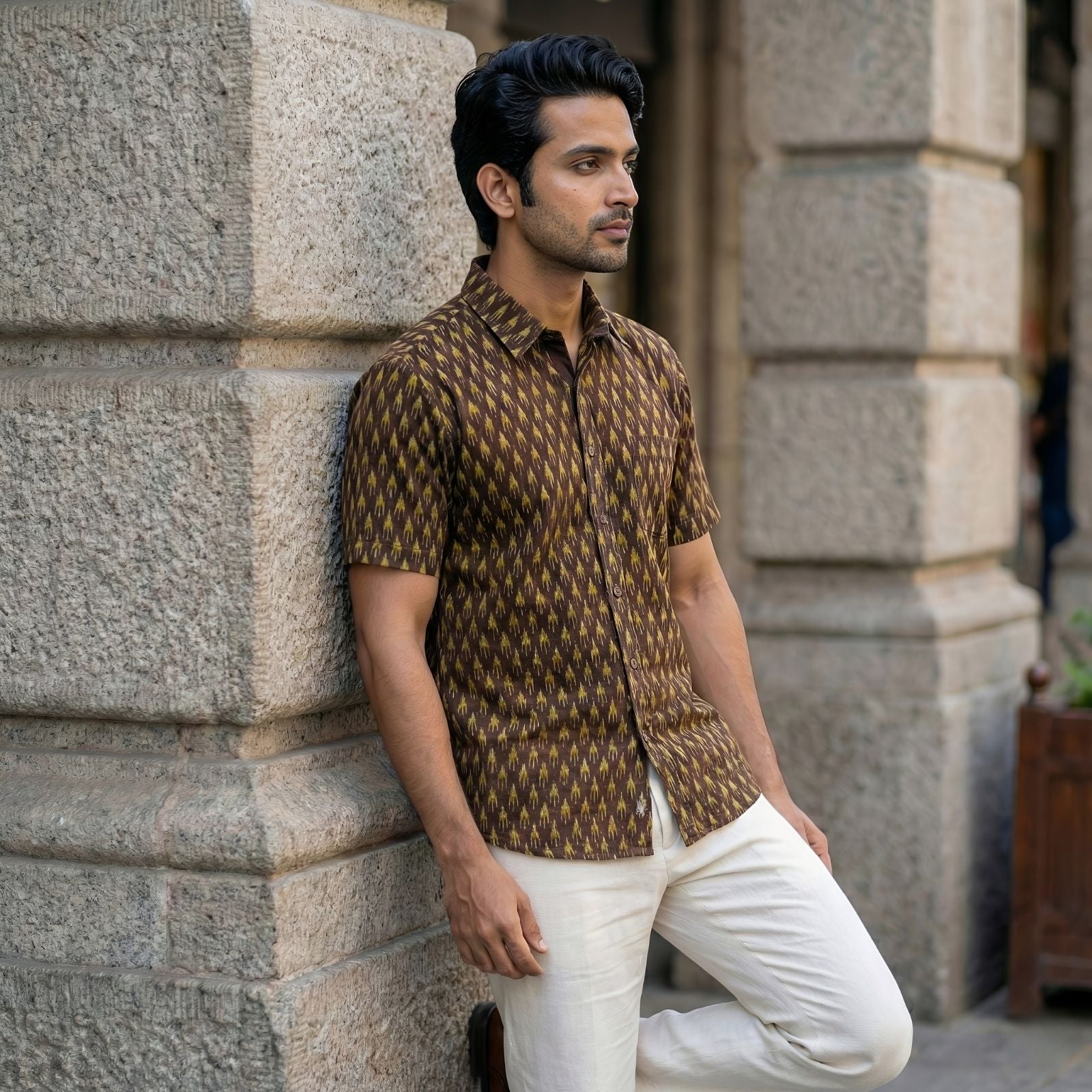 Handwoven Sambalpuri Cotton Men's Half Sleeve Shirt | Deep Coffee Colour with Light Olive Green Ikat Design