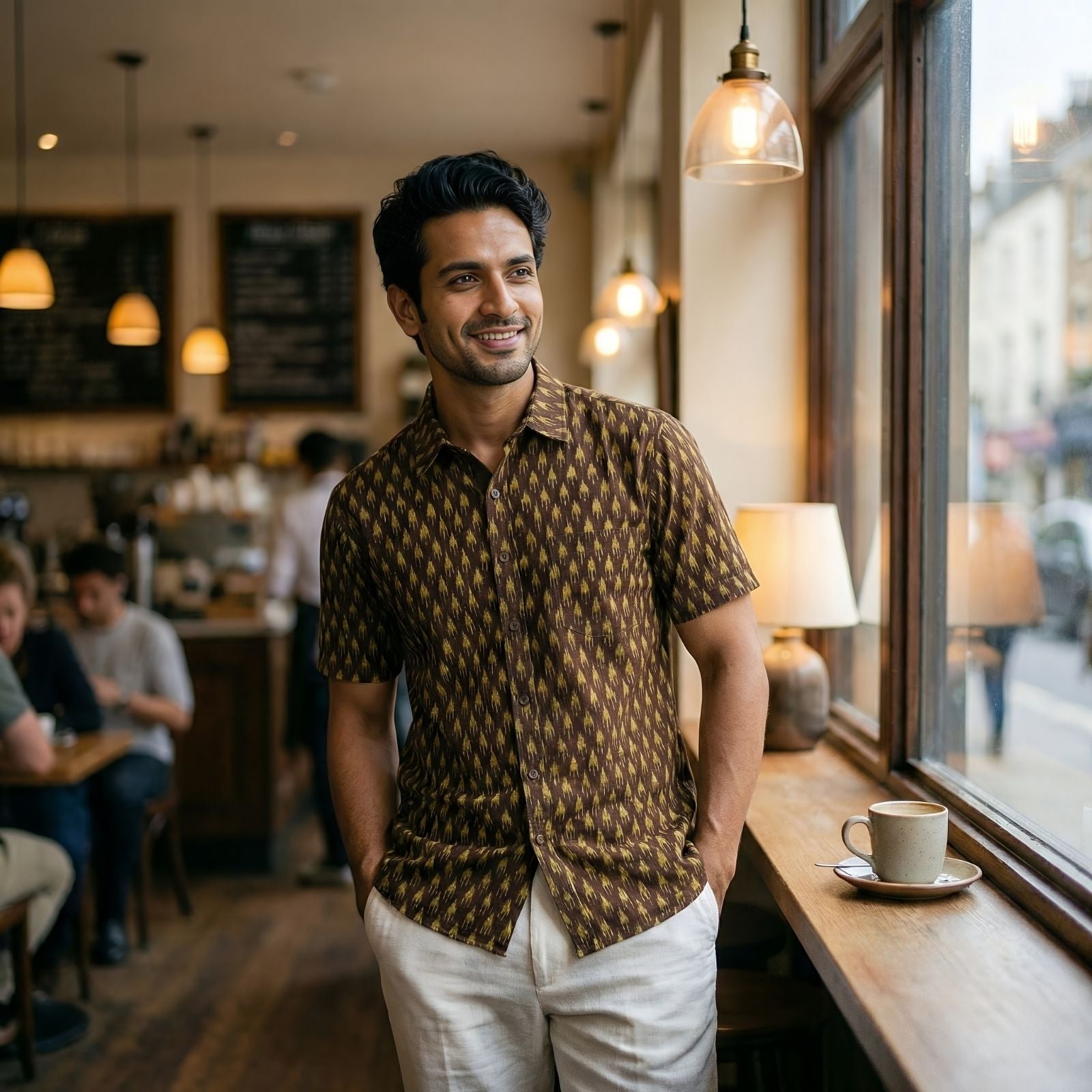 Handwoven Sambalpuri Cotton Men's Half Sleeve Shirt | Deep Coffee Colour with Light Olive Green Ikat Design