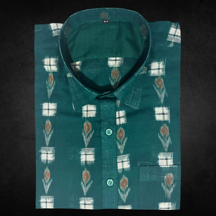 Handwoven Sambalpuri Cotton Men's Half Sleeve Shirt | Dark Forest Green Colour with Pasapalli Design - 42" - Taalapatra