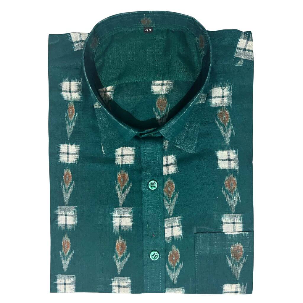 Handwoven Sambalpuri Cotton Men's Half Sleeve Shirt | Dark Forest Green Colour with Pasapalli Design - 42" - Taalapatra Vibes