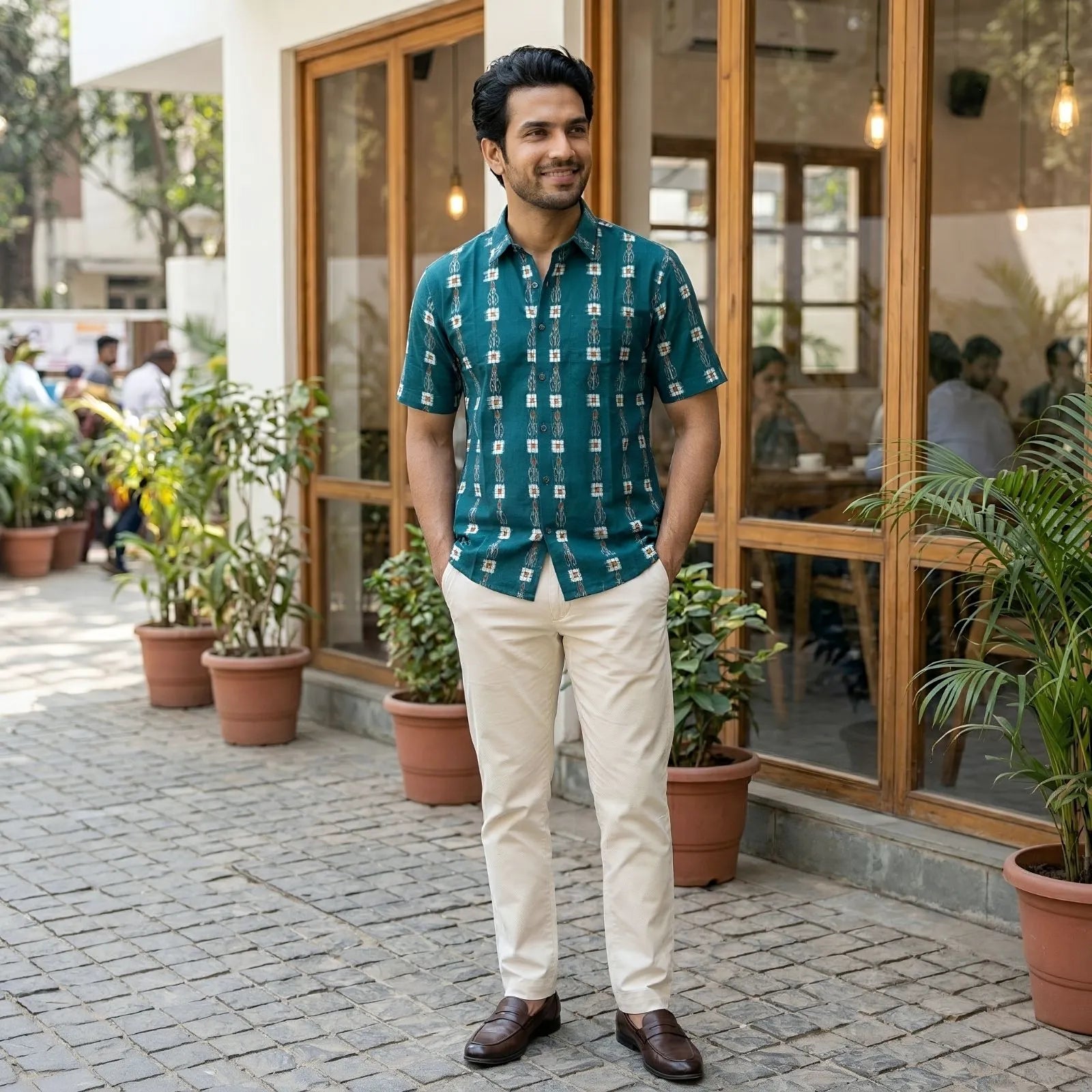 Handwoven Sambalpuri Cotton Men's Half Sleeve Shirt | Dark Forest Green Colour with Pasapalli Design