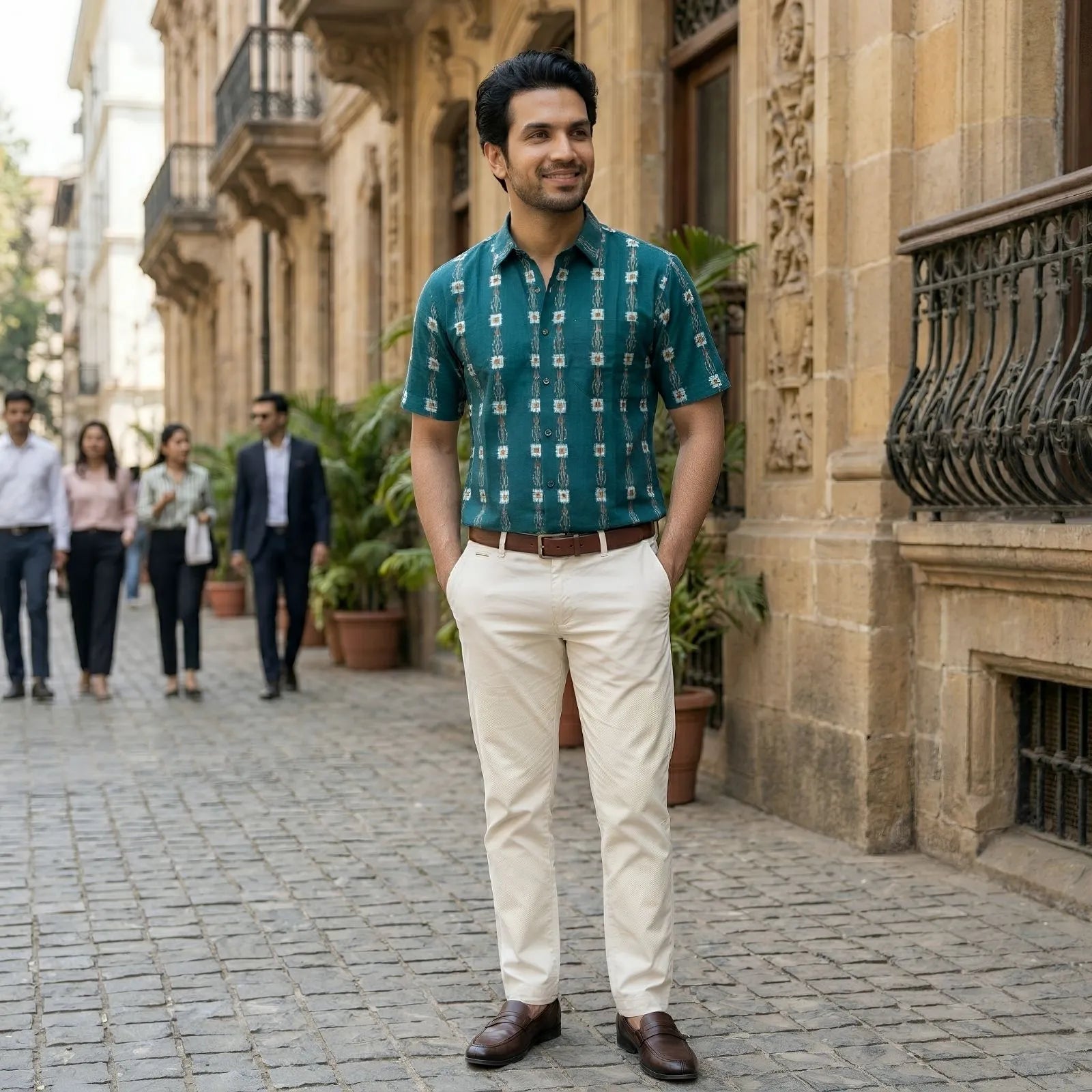 Handwoven Sambalpuri Cotton Men's Half Sleeve Shirt | Dark Forest Green Colour with Pasapalli Design