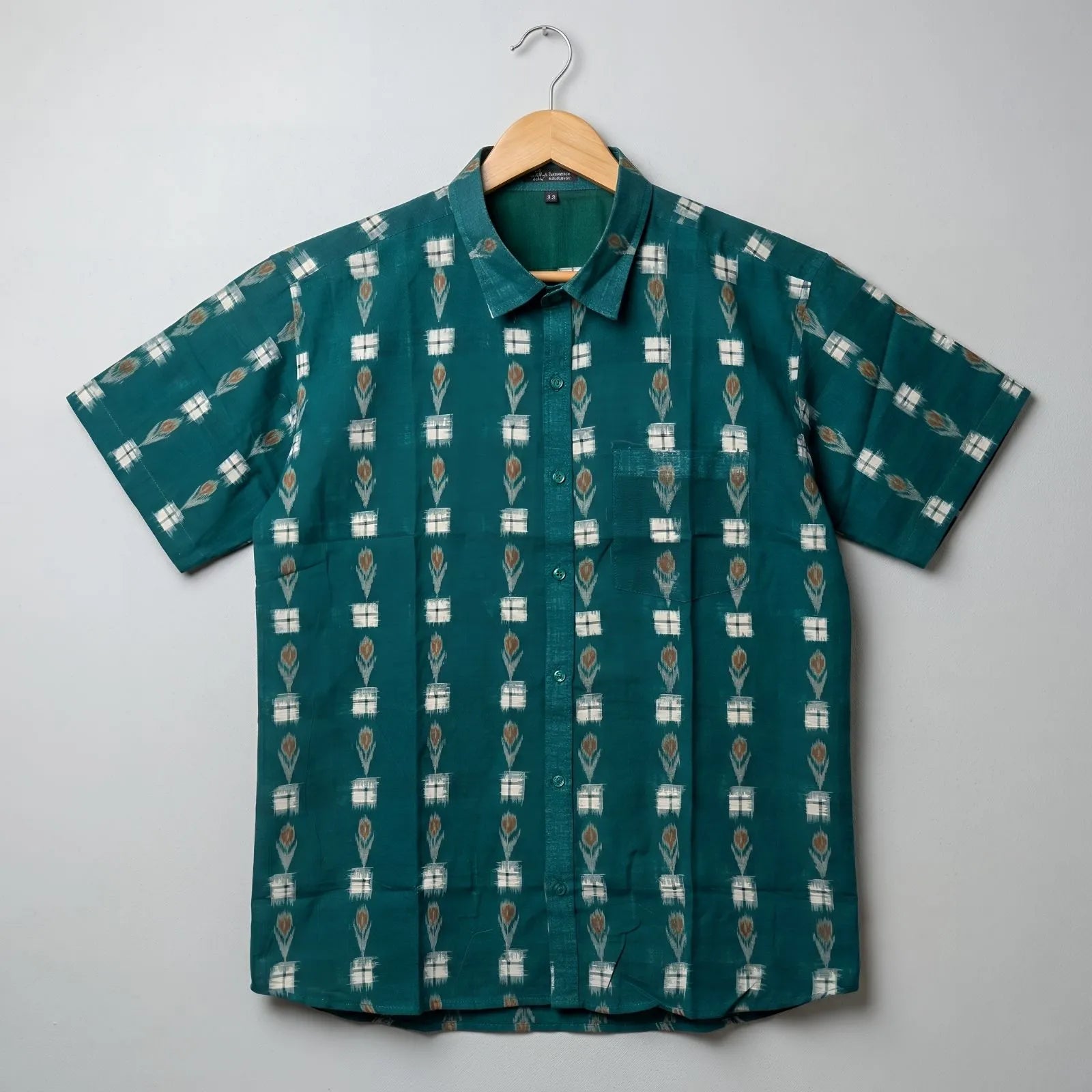 Handwoven Sambalpuri Cotton Men's Half Sleeve Shirt | Dark Forest Green Colour with Pasapalli Design