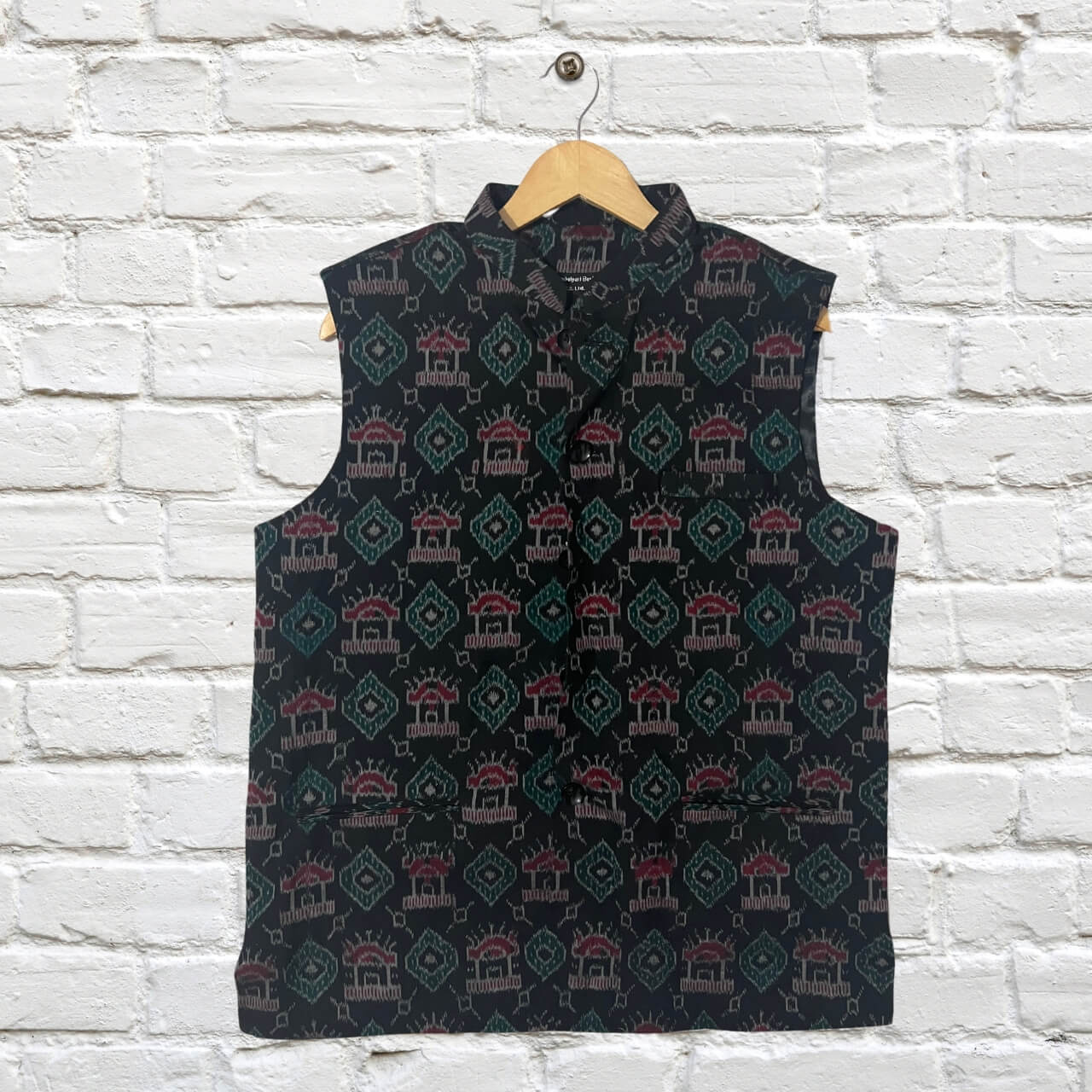 Handwoven Sambalpuri Cotton Nehru Jacket | Black Colour Body with Tribal Design - 42" - Taalapatra Vibes