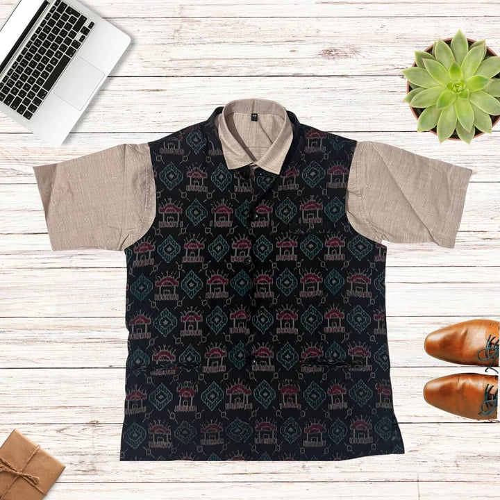 Handwoven Sambalpuri Cotton Nehru Jacket | Black Colour Body with Tribal Design - 42" - Taalapatra