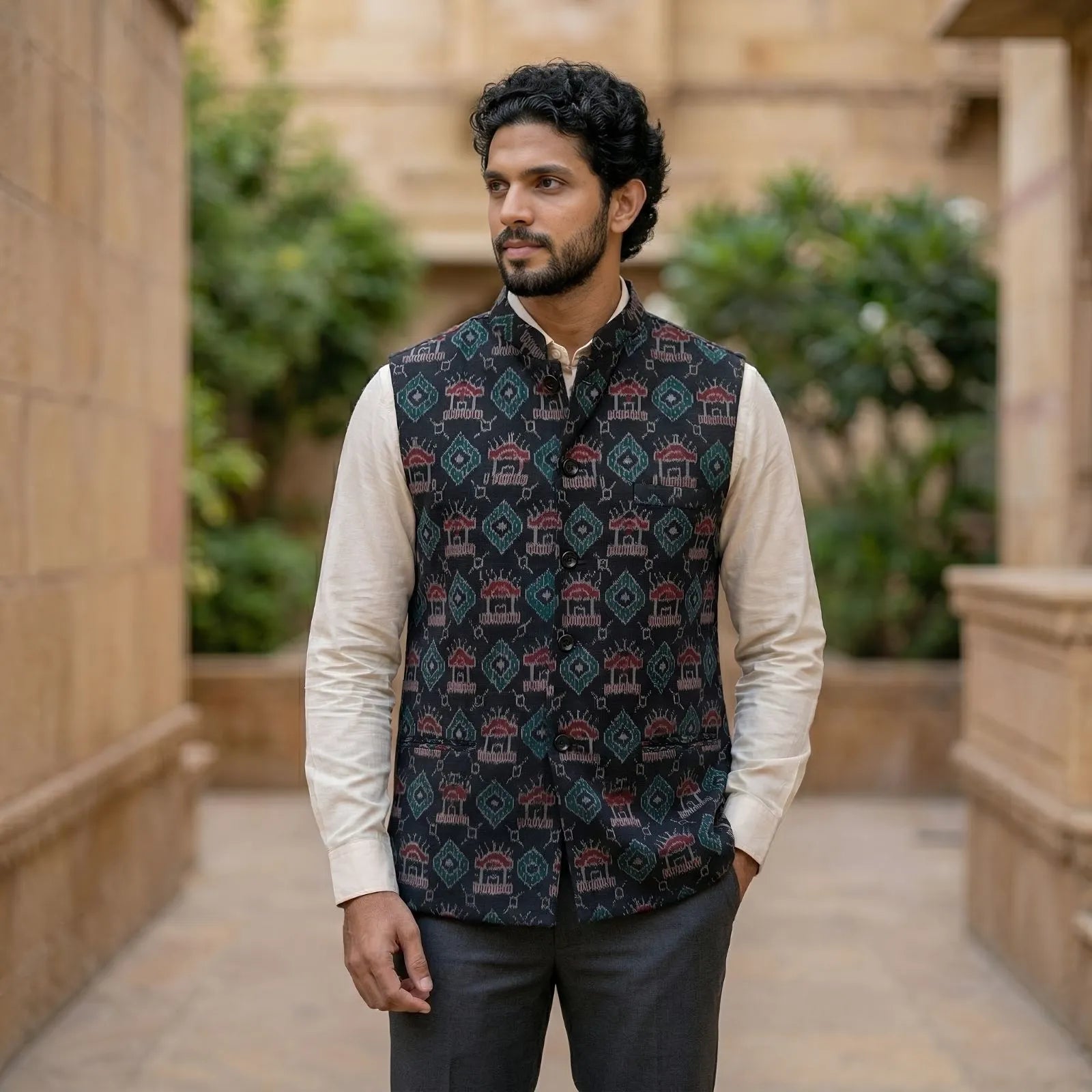 Handwoven Sambalpuri Cotton Nehru Jacket | Black Colour Body with Tribal Design