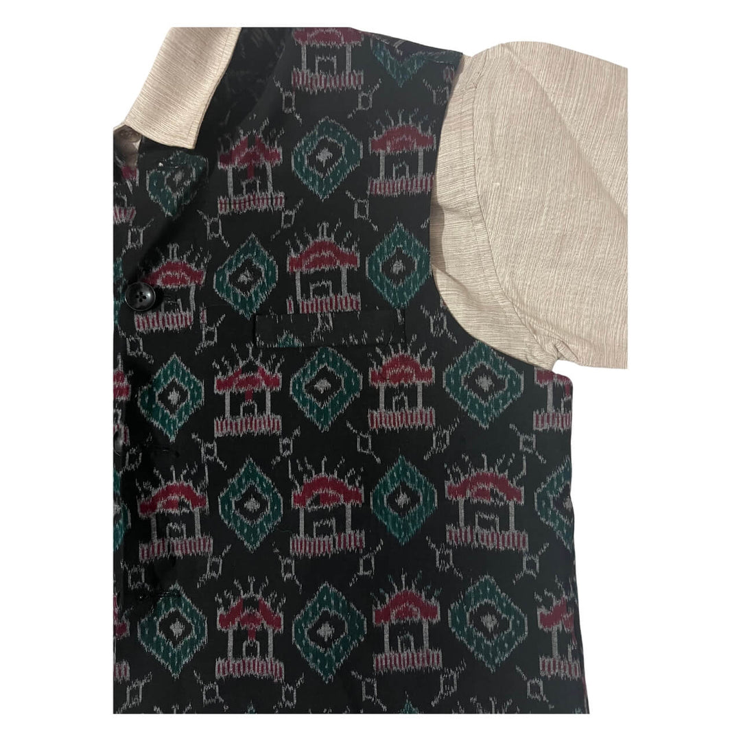 Handwoven Sambalpuri Cotton Nehru Jacket | Black Colour Body with Tribal Design - 42" - Taalapatra