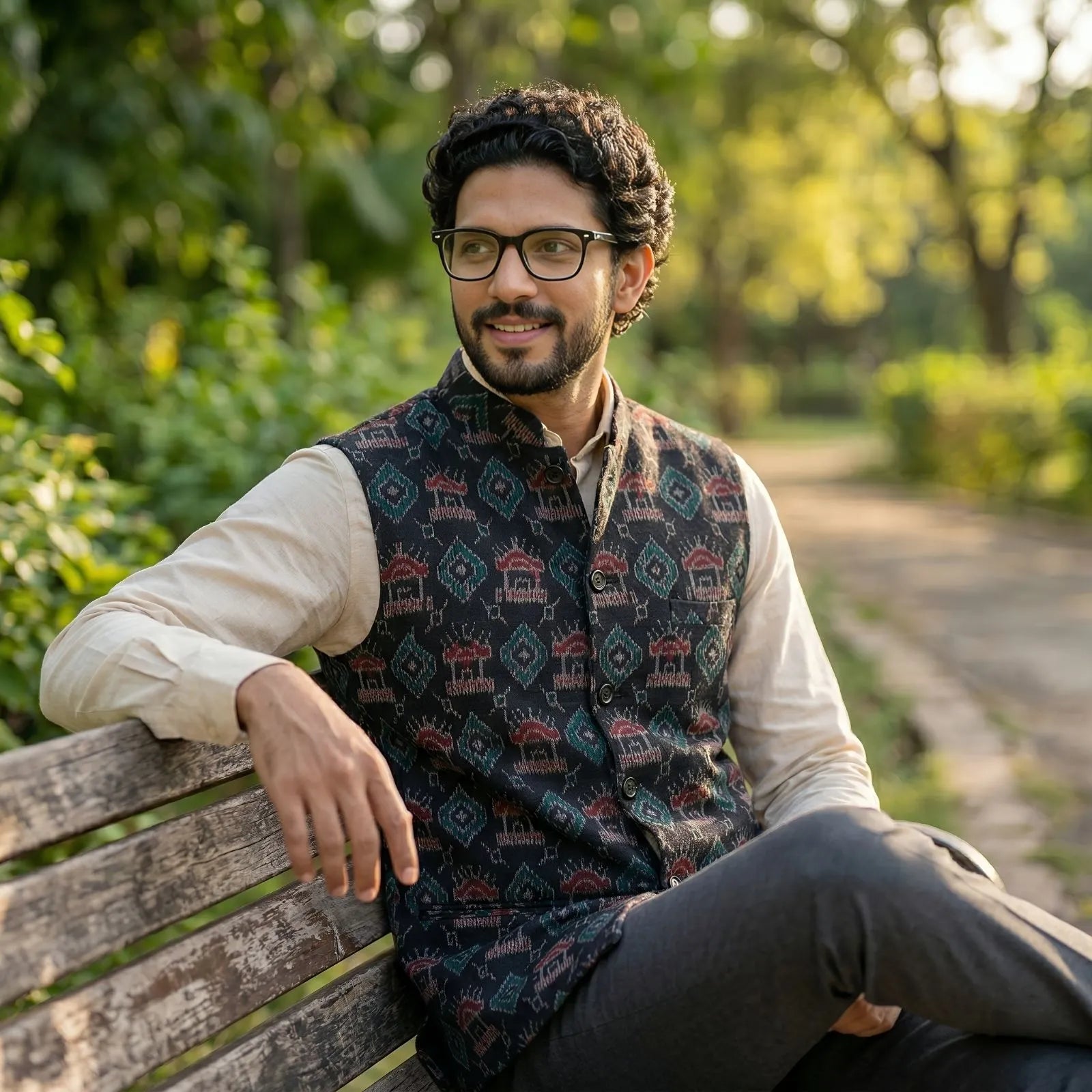 Handwoven Sambalpuri Cotton Nehru Jacket | Black Colour Body with Tribal Design
