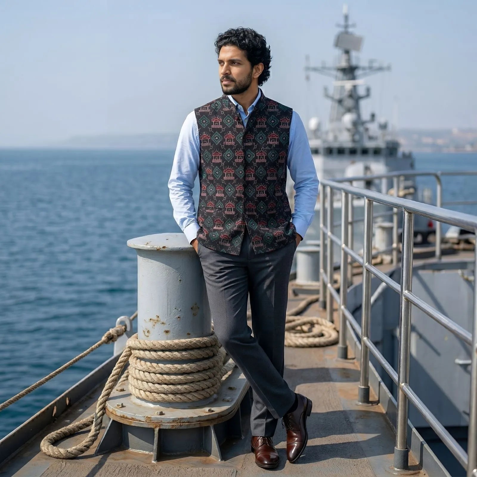 Handwoven Sambalpuri Cotton Nehru Jacket | Black Colour Body with Tribal Design