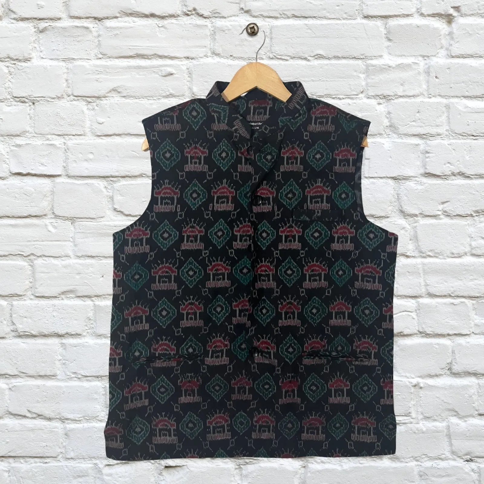 Handwoven Sambalpuri Cotton Nehru Jacket | Black Colour Body with Tribal Design