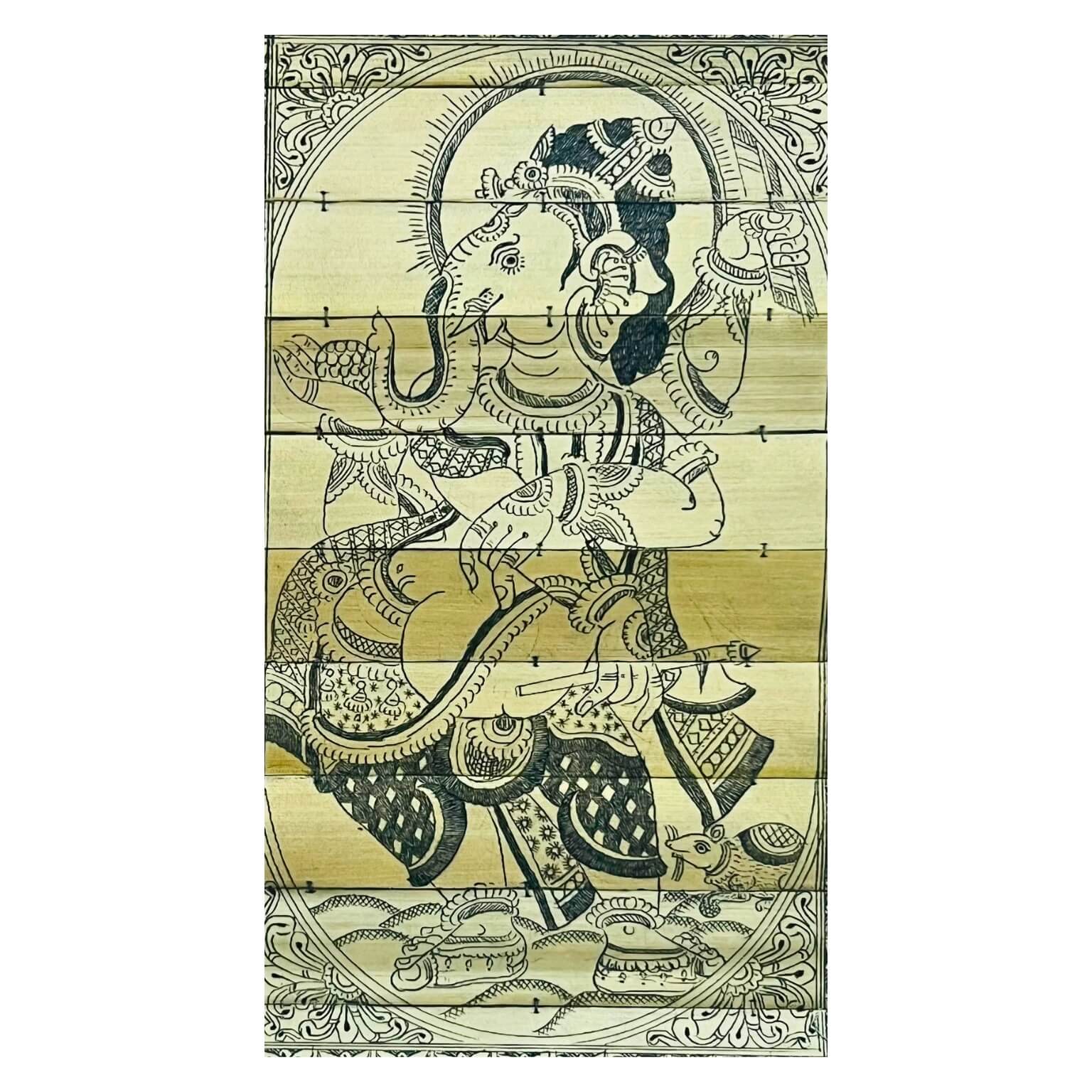 Palm Leaf Engraved Painting | Dancing Ganesha - Pattachitra Wall Hanging (Monochrome) - UNFRAMED - Taalapatra Vibes