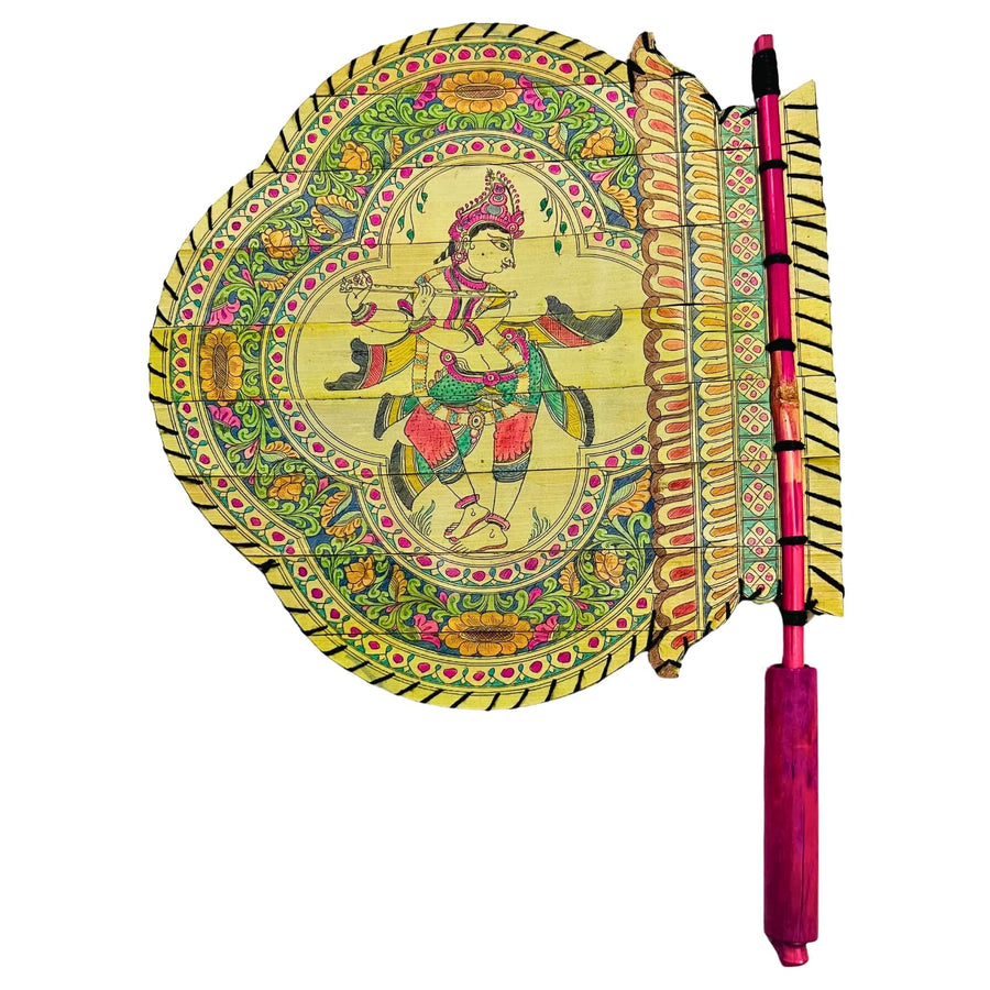 Palm Leaf Hand Fan | Pattachitra Art - Dancing Lord Krishna - Taalapatra