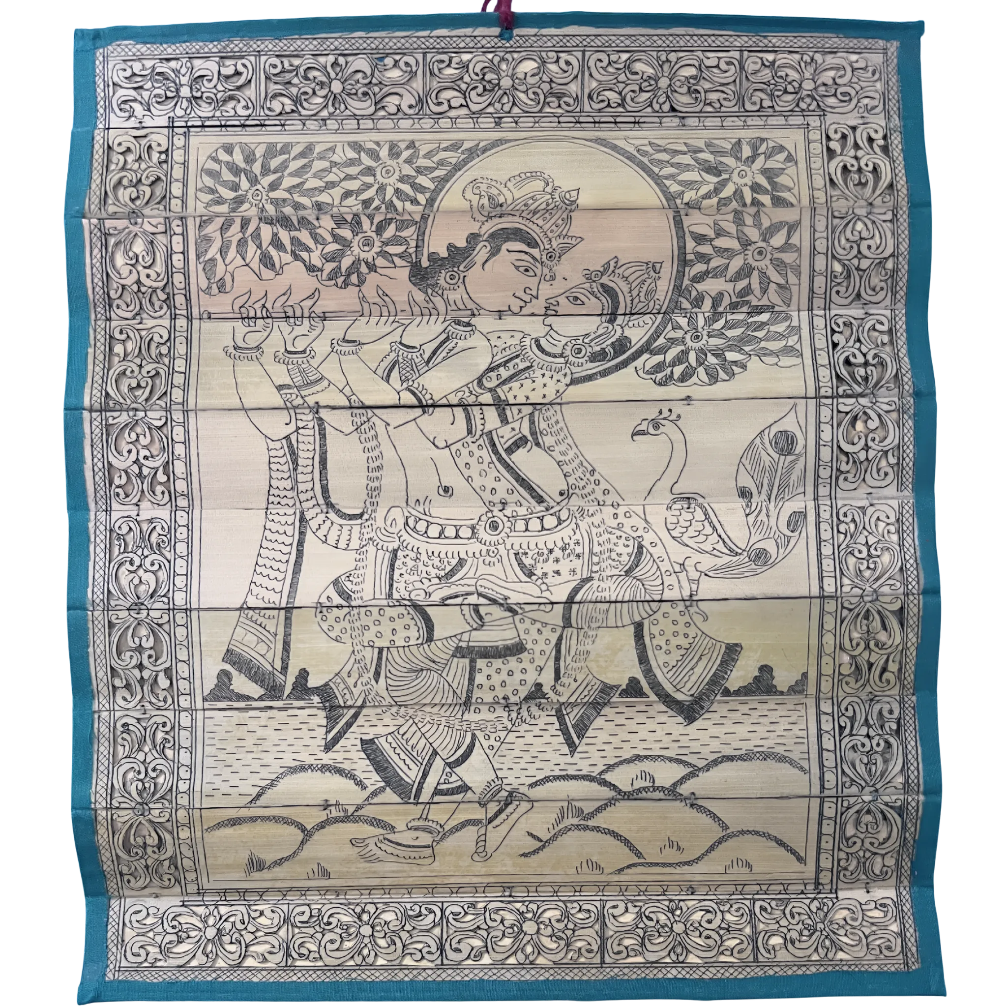 Palm Leaf Engraved Painting | Radha Krishna Pond Side - Pattachitra Wall Hanging - UNFRAMED