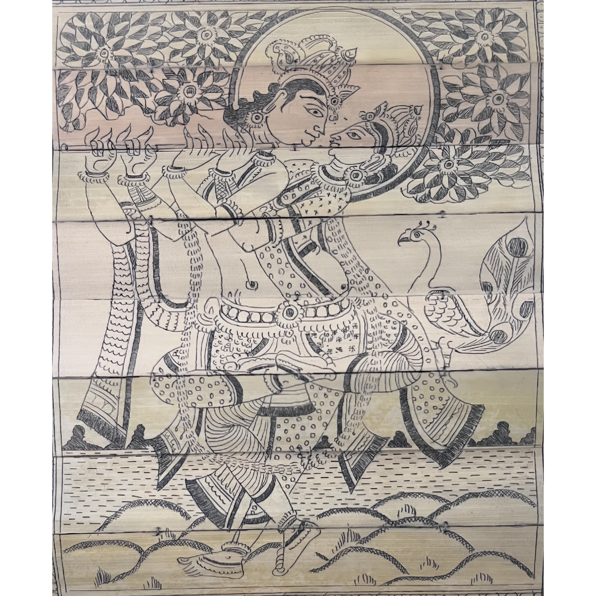 Palm Leaf Engraved Painting | Radha Krishna Pond Side - Pattachitra Wall Hanging - UNFRAMED