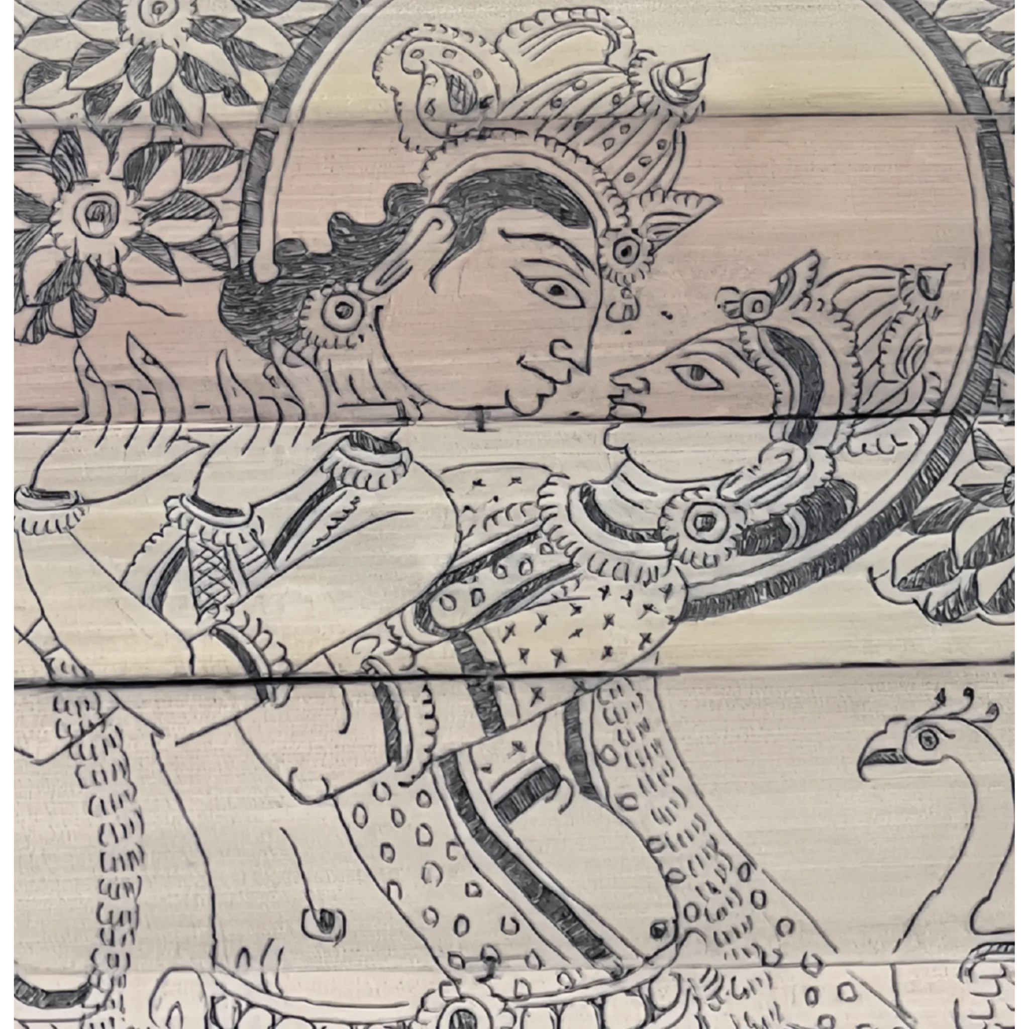 Palm Leaf Engraved Painting | Radha Krishna Pond Side - Pattachitra Wall Hanging - UNFRAMED