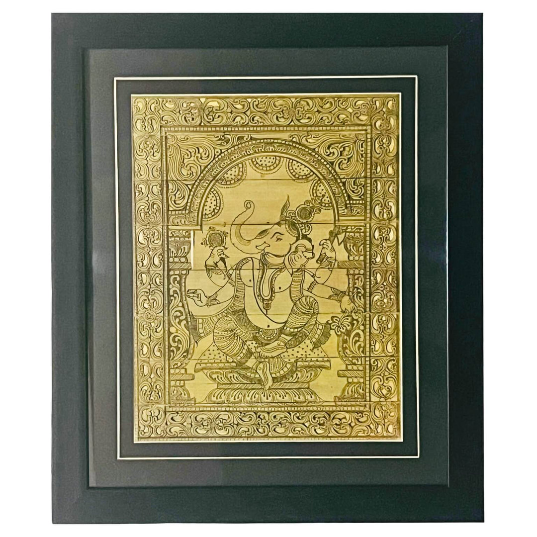 Taalapatra - Palm Leaf Engraved Painting | Lord Ganesha Pattachitra Wall Hanging - Monochrome (FRAMED)