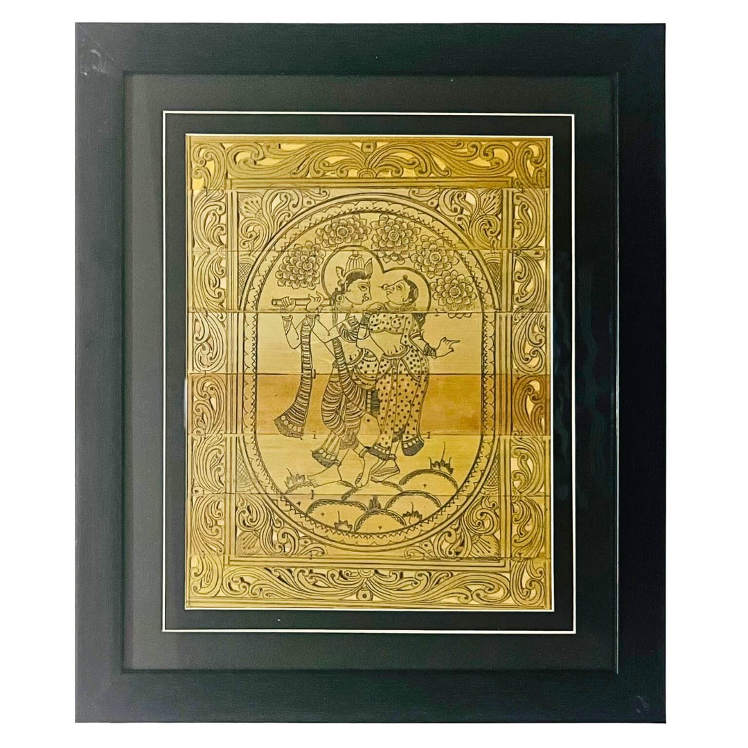 Palm Leaf Engraved Painting | Radha Krishna Pattachitra Wall Hanging - Monochrome (FRAMED) - Taalapatra