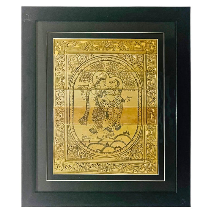 Palm Leaf Engraved Painting | Radha Krishna Pattachitra Wall Hanging - Monochrome (FRAMED) - Taalapatra
