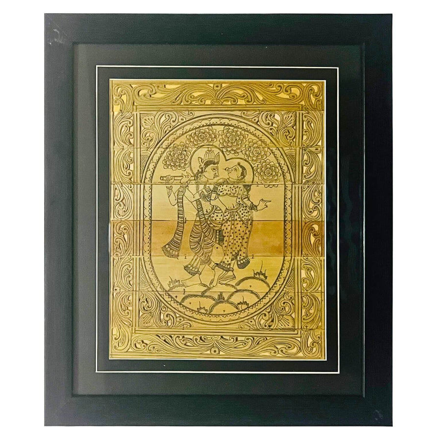 Palm Leaf Engraved Painting | Radha Krishna Pattachitra Wall Hanging - Monochrome (FRAMED) - Taalapatra